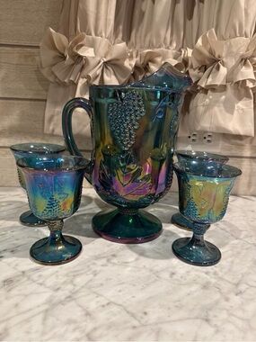 Iridescent Blue Carnival Glass Pitcher and 4 Goblets - Vintage Style